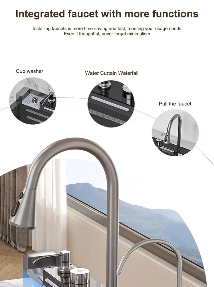 Kitchen Sink Stainless Steel Waterfall Sinks Extra Large Single Slot with Digital Display Faucet Set For kitchen