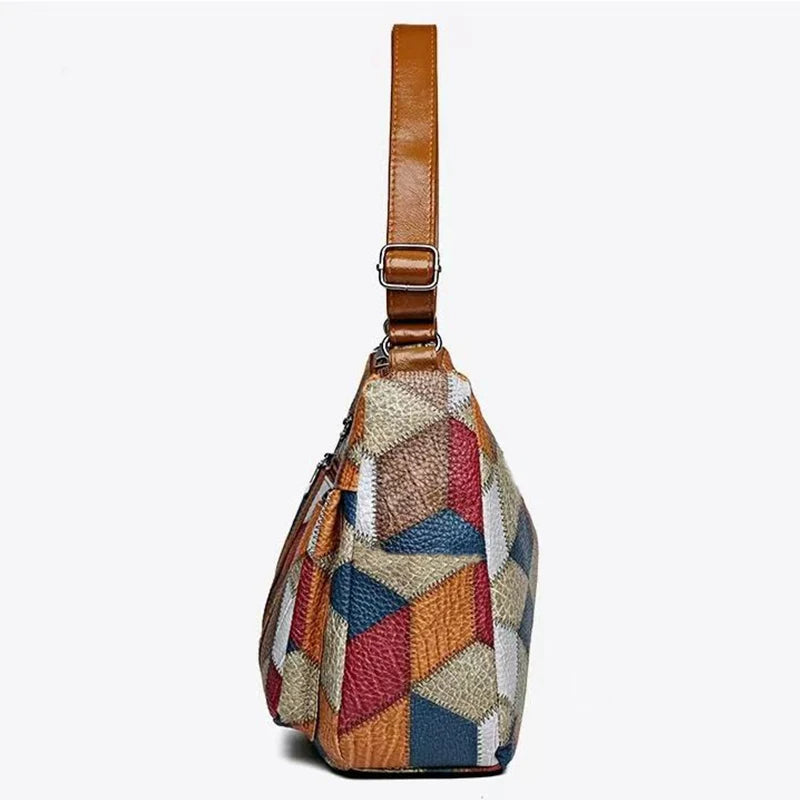 Neutral style backpack for moms with a strap design. Single shoulder bag with a patchwork pattern. Adjustable shoulder strap.