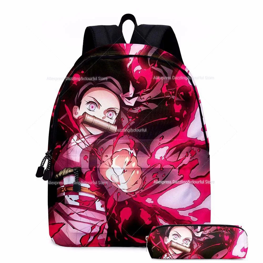 Demon Slayer Nezuko Backpacks 2pcs Girls School Bags Kimetsu No Yaiba Kids Anime Bagpacks Female Male Bookbag Gifts