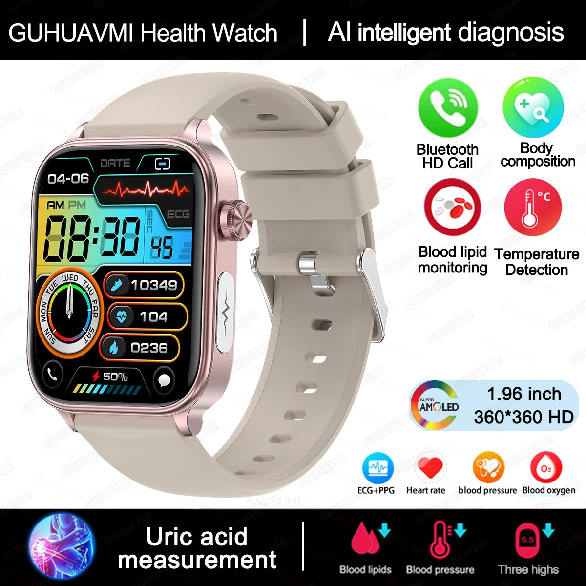 2025New Al Medical Diagnosis Blood Lpids Uric Acid Blood Glucose Smart Watch Men ECG+PPG Voice Bluetooth Call Health Smartwatch