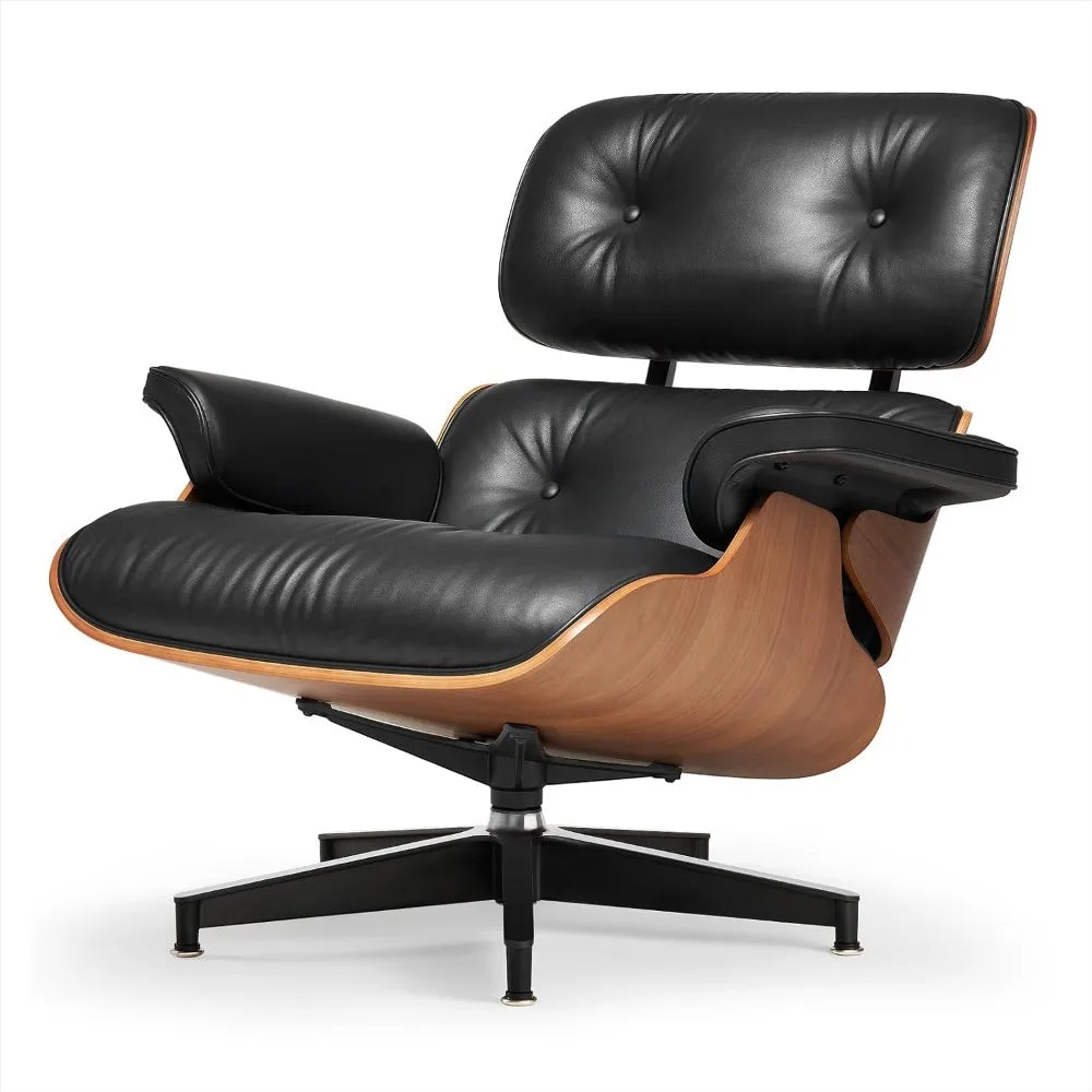 Chaise Lounge Chair with Ottoman Genuine Leather High-Resilience Foam Cushions Mid Century Modern Ergonomic Design