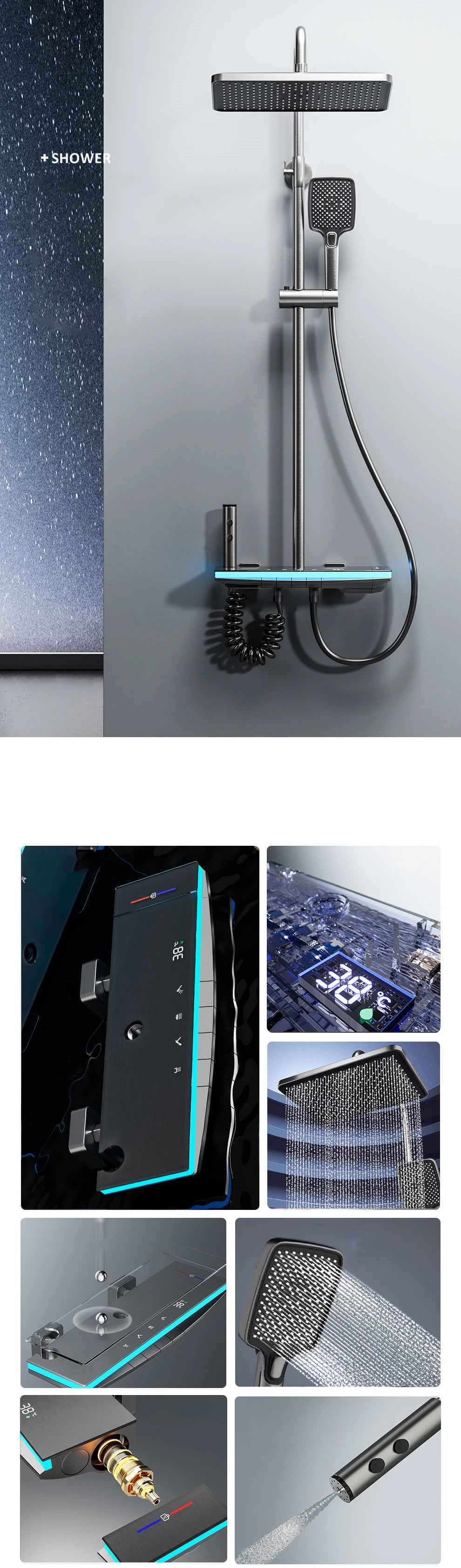 Hot Cold Piano Digital Shower Set 12 Inch Rainfall Shower Head Brass Bathtub Mixer Faucet Thermostatic Bathrooom Shower System