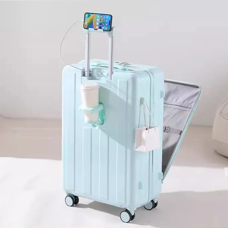 Multifunction Large Capacity Luggage Business Carry on Boarding USB Charging Cup Holder Front Opening Lid Trolley Suitcase