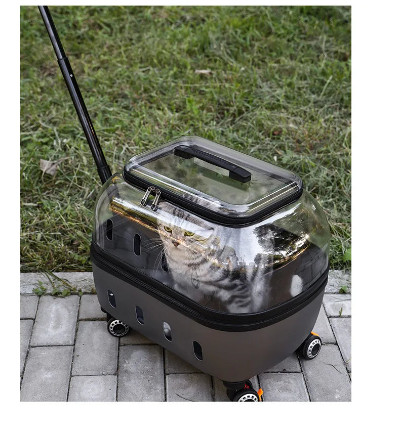 Fashion Transparent Cat Cage Large Capacity Pet Suitcase Breathable Cat Carriers Pull Rod/Handheld Dual Use Cat Transport Cart