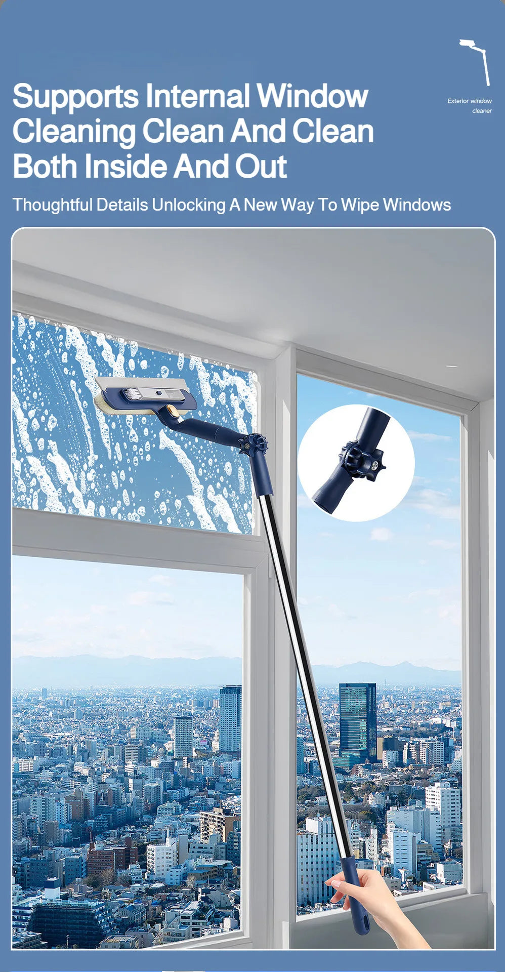 2in1 Highrise Glass Brush Window with Squeegee and Mini Brush Rotatable Glass Wiper Home Cleaning Tool for Glass,Walls and Floor