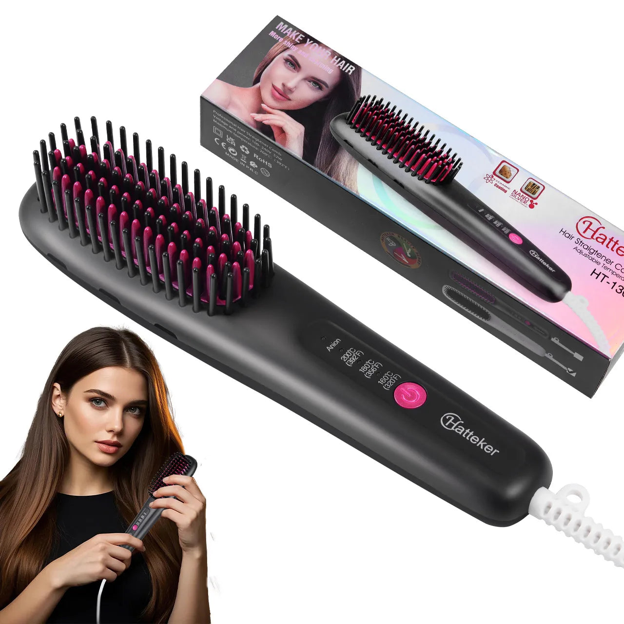 Hatteker Ion Straightening Comb Portable Home Use Negative Multi-temperature Adjustable Straightener New Model Hair Styling Tool