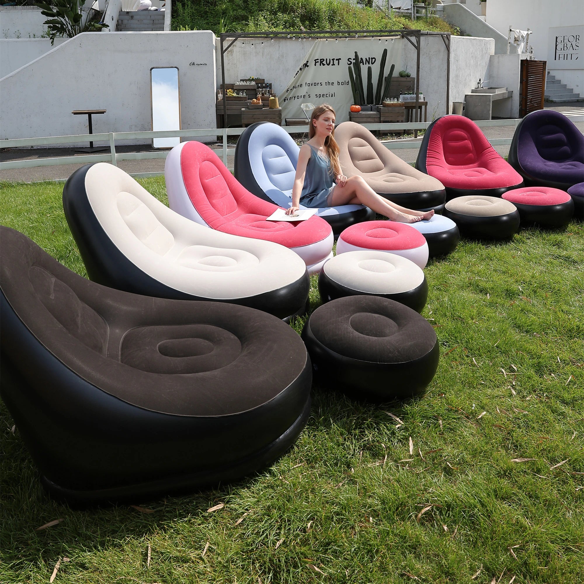 Lazy Couch Sofas Inflatable Chair Foldable Recliner Outdoor Sofa Bed Footstool Portable Folding Air Bed Lunch Lounge Chair Set