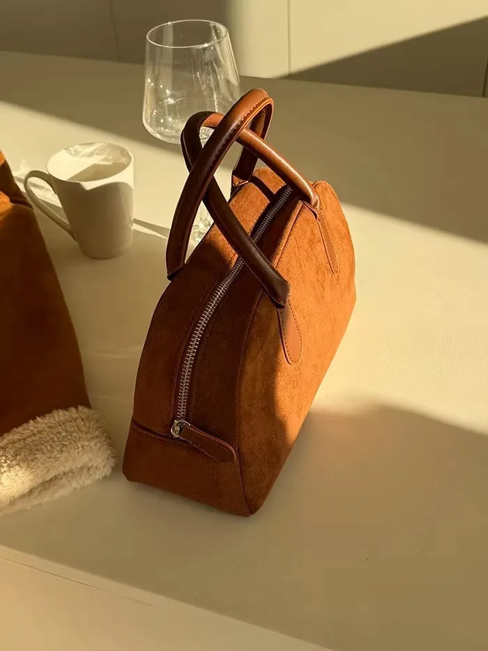 Brown Vintage Suede Tote Bag High Quality Designer Luxury Boston Handbag 2025 Winter New in Women's Bags Korean Hand Bag Ladies