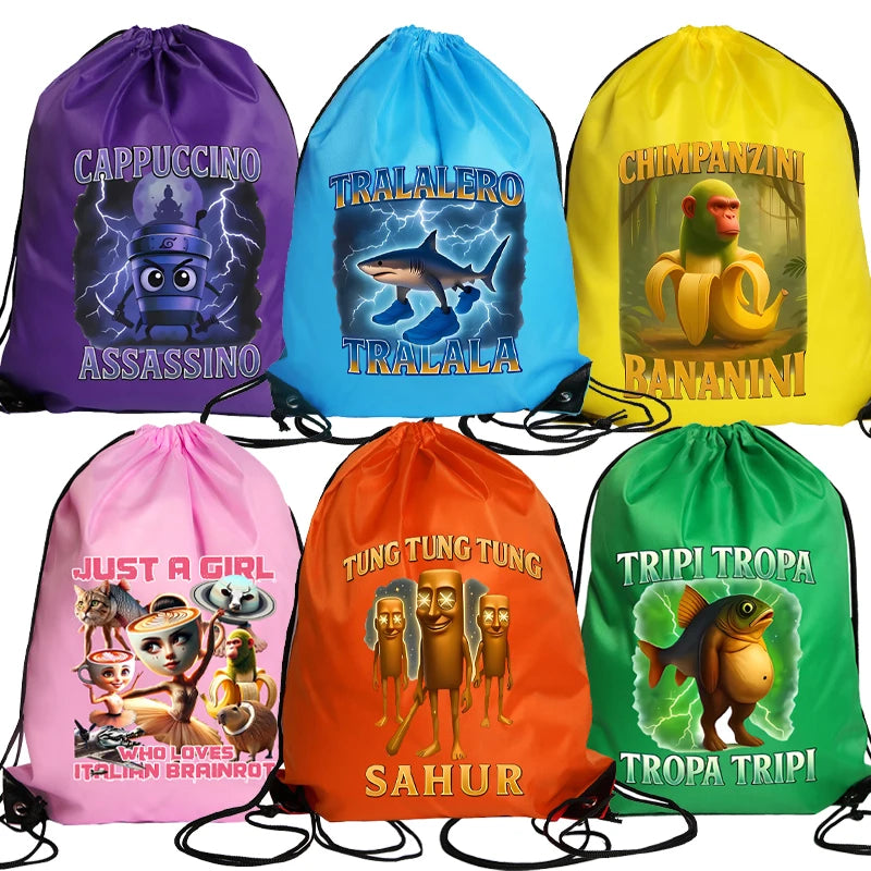 Tralalero Tralala Drawstring Backpack Tungtung Sahur Brainrot Kids Cartoon Travel Shoulders Bag New Outdoor Sport Rucksack Gift