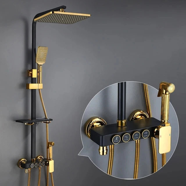 KEMAIDI Black Gold Shower Faucet Set Bathtub  4-way Mixer  Tap with Bidet and Shelf  Bathroom Rainfall Shower Systerm Wall Mount