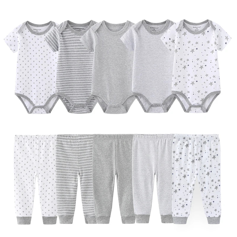 Kiddiezoom 10 Pcs/Lot Four Seasons Fashion Unisex Baby Boy Girl Clothing Set Soft Newborn Bodysuits+Pants Infant Outfit Gift