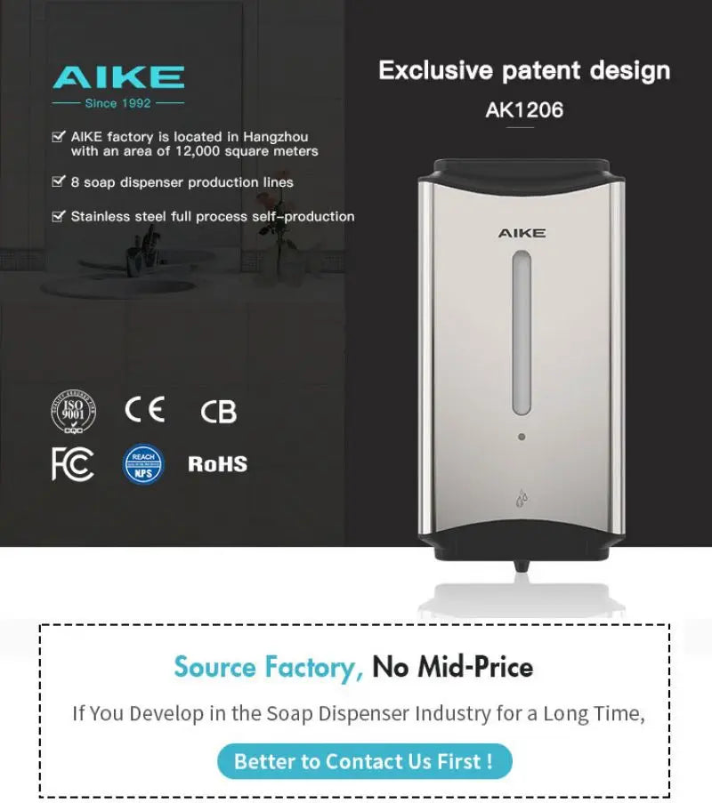 AIKE 1100ML Automatic Liquid Soap Dispenser Bathroom Hand Sanitizer Liquid Dispenser Stainless Steel Wall Mounted Soap Dispenser