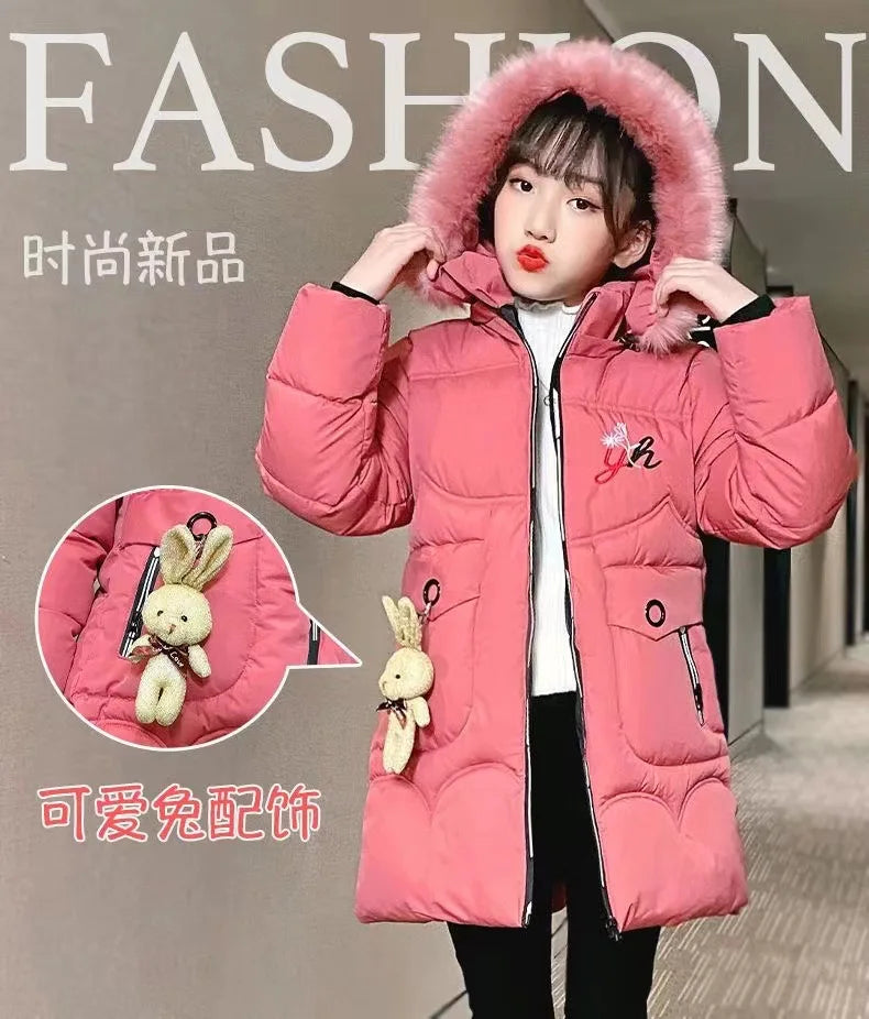 5-14 Years Old Winter Boys Girls Jacket Long Style Hooded Fur Collar Colorful Heavy Coat For Kids Children Outerwear