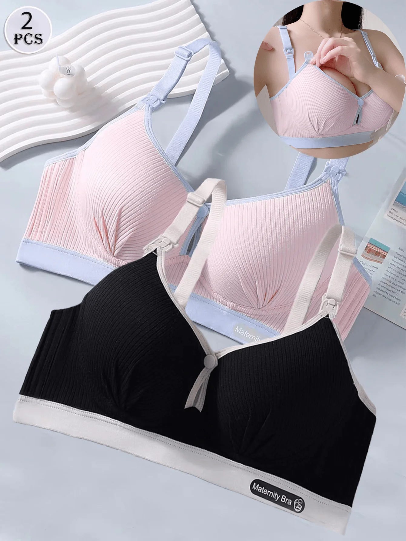 2PCS Pure Cotton Maternity Bra for Pregnant Women with Steel Ring Anti-Sagging Postpartum Comfortable Breathable for Breastfeed