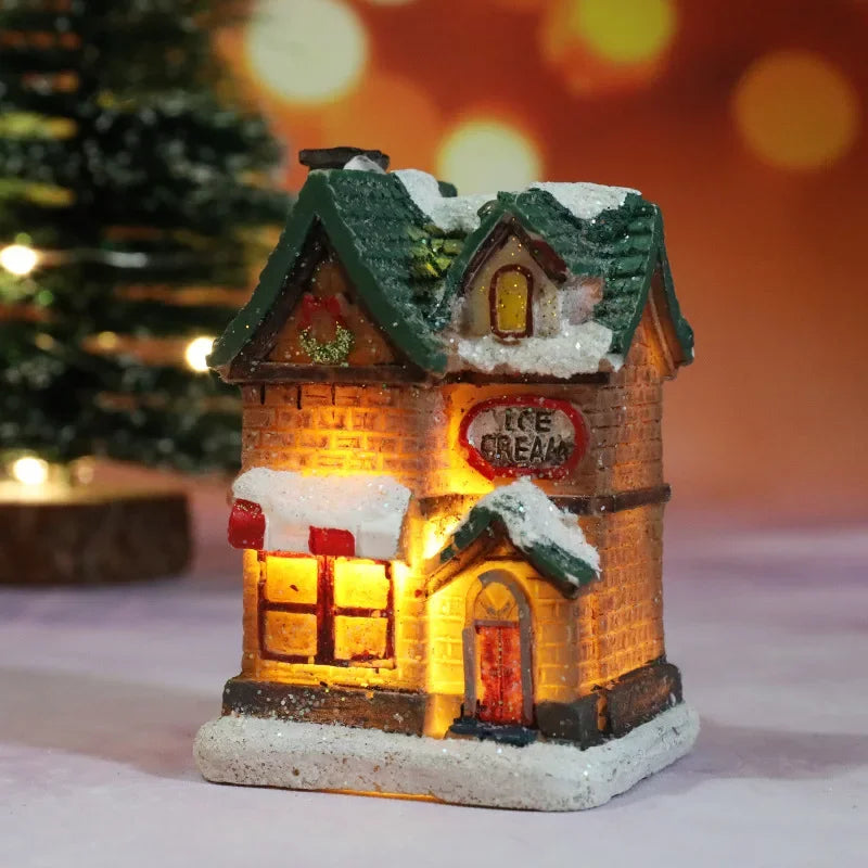 Christmas Decoration House LED Light Xmas Durable Ornaments Small Resin Mini House Miniature Village Building for Home Kids Gift