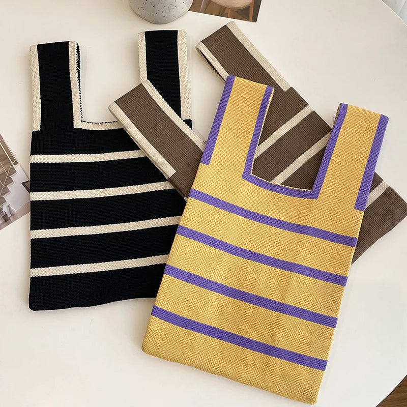 Women Handmade Knitted Small Handbag Casual Wrist Bag Wide Stripe Stripe Shopper Mini Tote Student Reusable Shoulder Bag