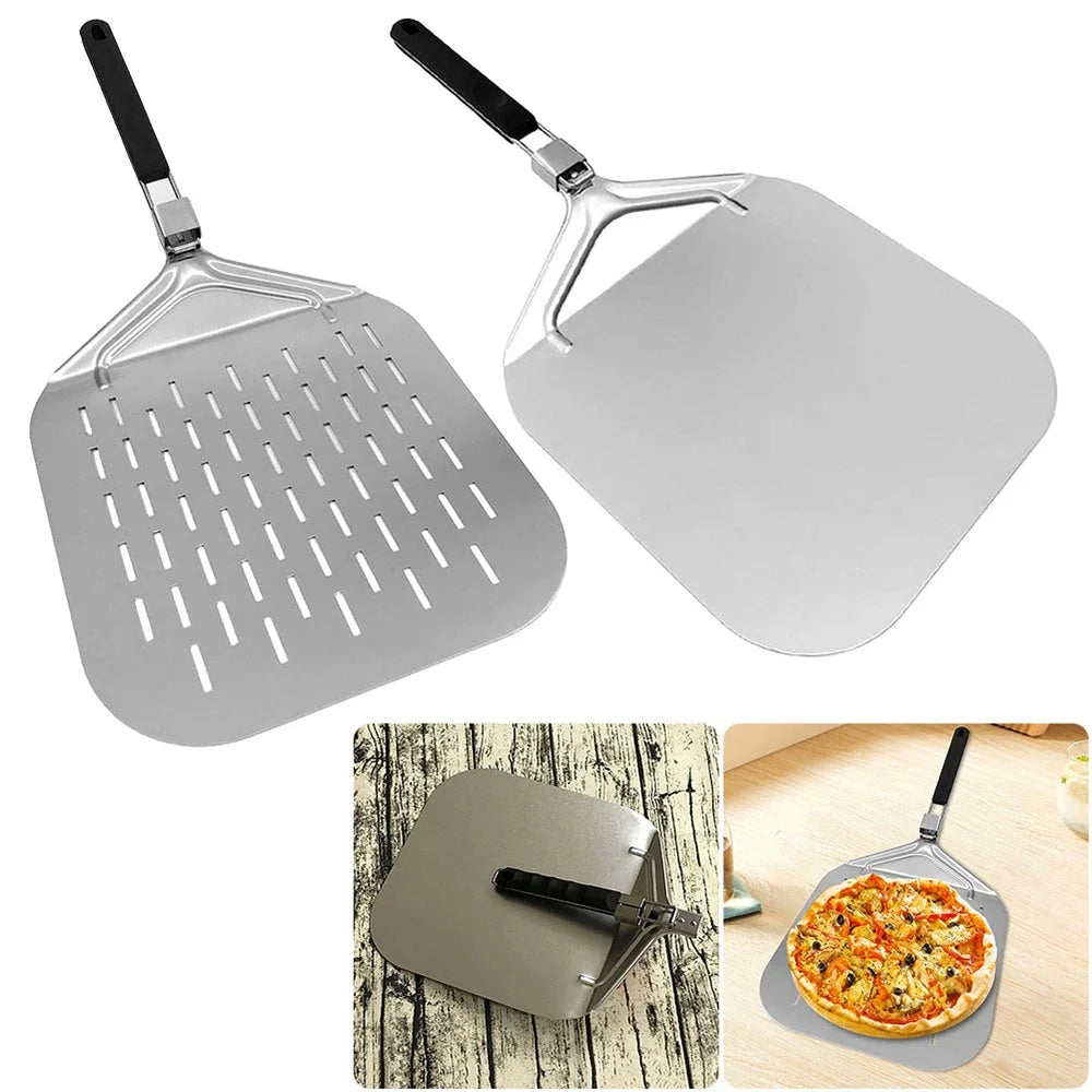 Pizza Shovel Perforated/Smooth Shovel Paddle Pizza Oven Turning Peel Stainless Steel Baking Kitchen Tool Spatula Foldable Handle