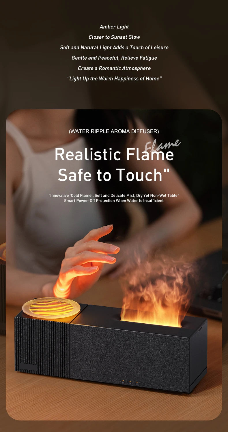 7 Colors Flame Aroma Diffuser with Rippling Water Wave Projector Lamp, 150ml USB Desktop Aromatherapy Air Humidifier for Home