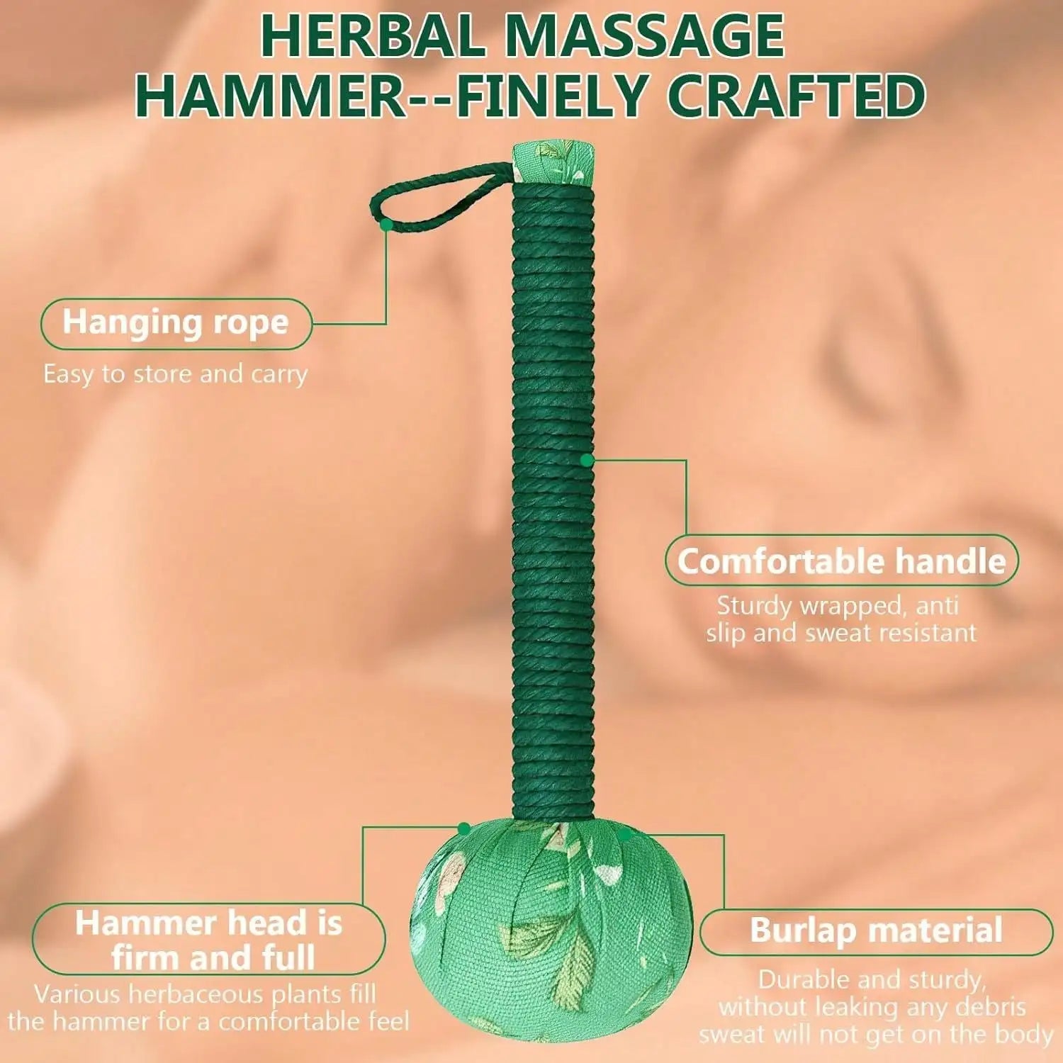 Long-Handled Wormwood Massage Hammer for Lymphatic Drainage - Manual Full Body & Back Relief, Stress Reduction, Nylon Material