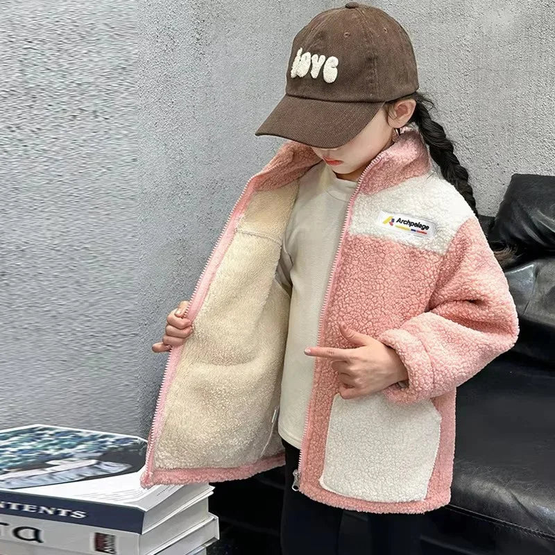 LambWool Warm Jackets For Girls Children Autumn Winter Outerwear Kids Plus Velvet Coats New Teenager Fashion Padded Clothing