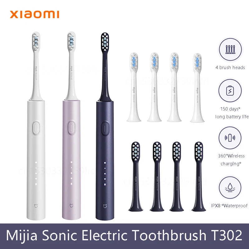 XIAOMI Mijia Sonic Electric Toothbrush T302 3colors 4 Brush Heads IPX8 Water Proof 360° Wireless Charging 4 Modes Cleaning Teeth