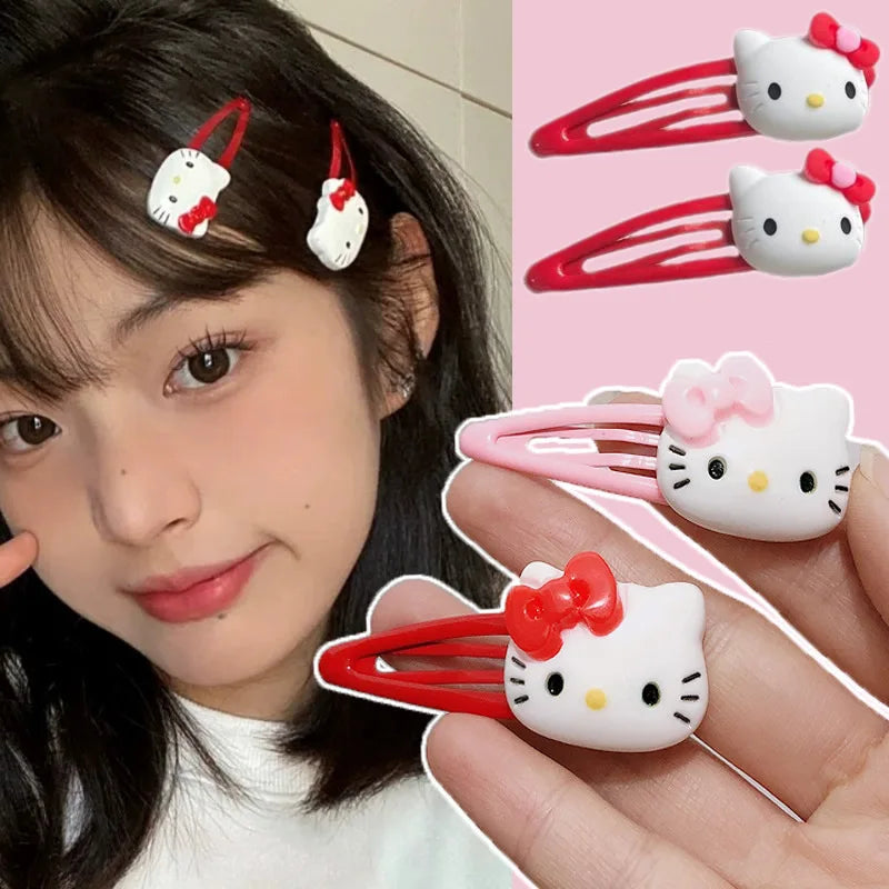 2PCS Sanrio Girl Hair Clip Kawaii Hello Kitty Cartoon BB Hair Clip Girl Hairs Accessories Headwear Bangs Clip Bow HairClips Gift