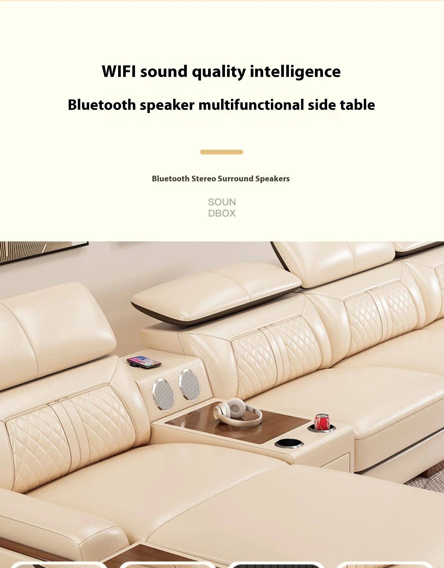 Stylish Italian Genuine Leather Sofa for Living Room with Cup Holder, USB, Adjustable Headrests & Bluetooth Speaker - Lazy Sofa