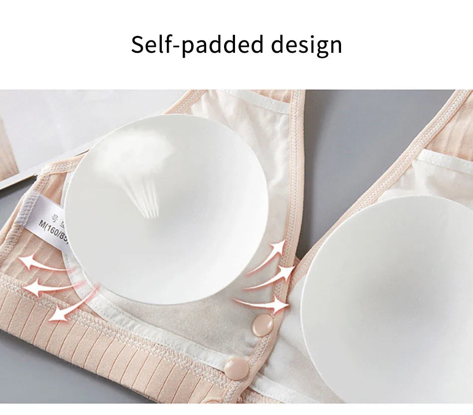Cotton Nursing Bra for Pregnant Women Padded Ribbed Wire-Free Breathable Bralette Front Opening Breastfeeding Maternity Clothing
