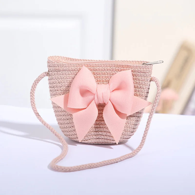 New Pink Bow Girl Bags Zipper Woven Straw Kids Princess Messenger Bags Outdoor Travel Keys Candy Crossbody Bags