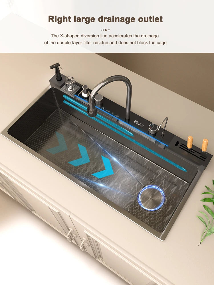 Kitchen Sink Stainless Steel Waterfall Sinks Extra Large Single Slot with Digital Display Faucet Set For kitchen