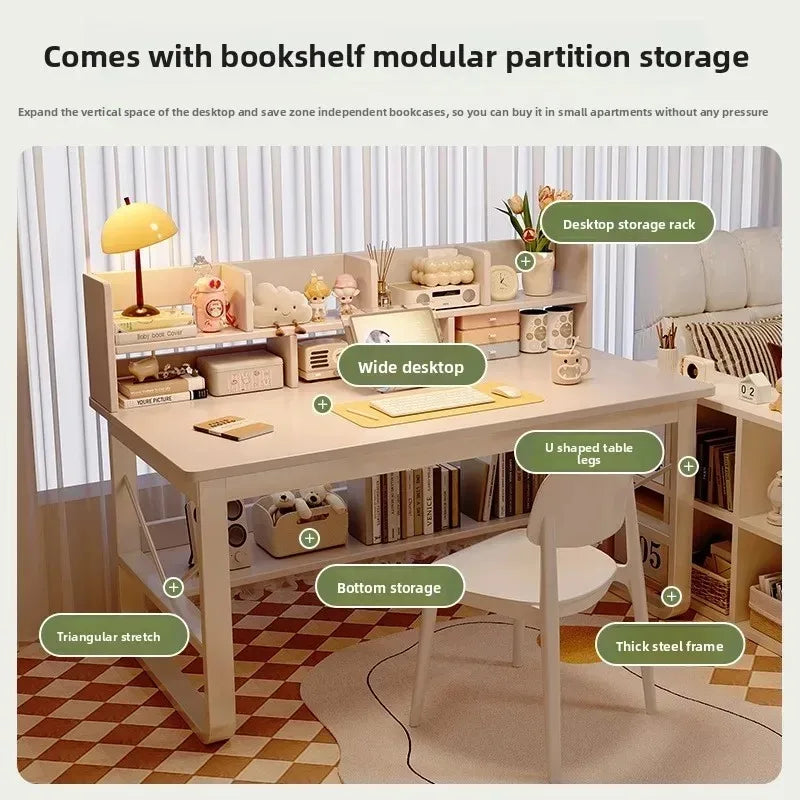 Solid Wood Computer Desk Household Desk Bookshelf Integrated Student Learning Desk Rental House Simple Office Table and Chair