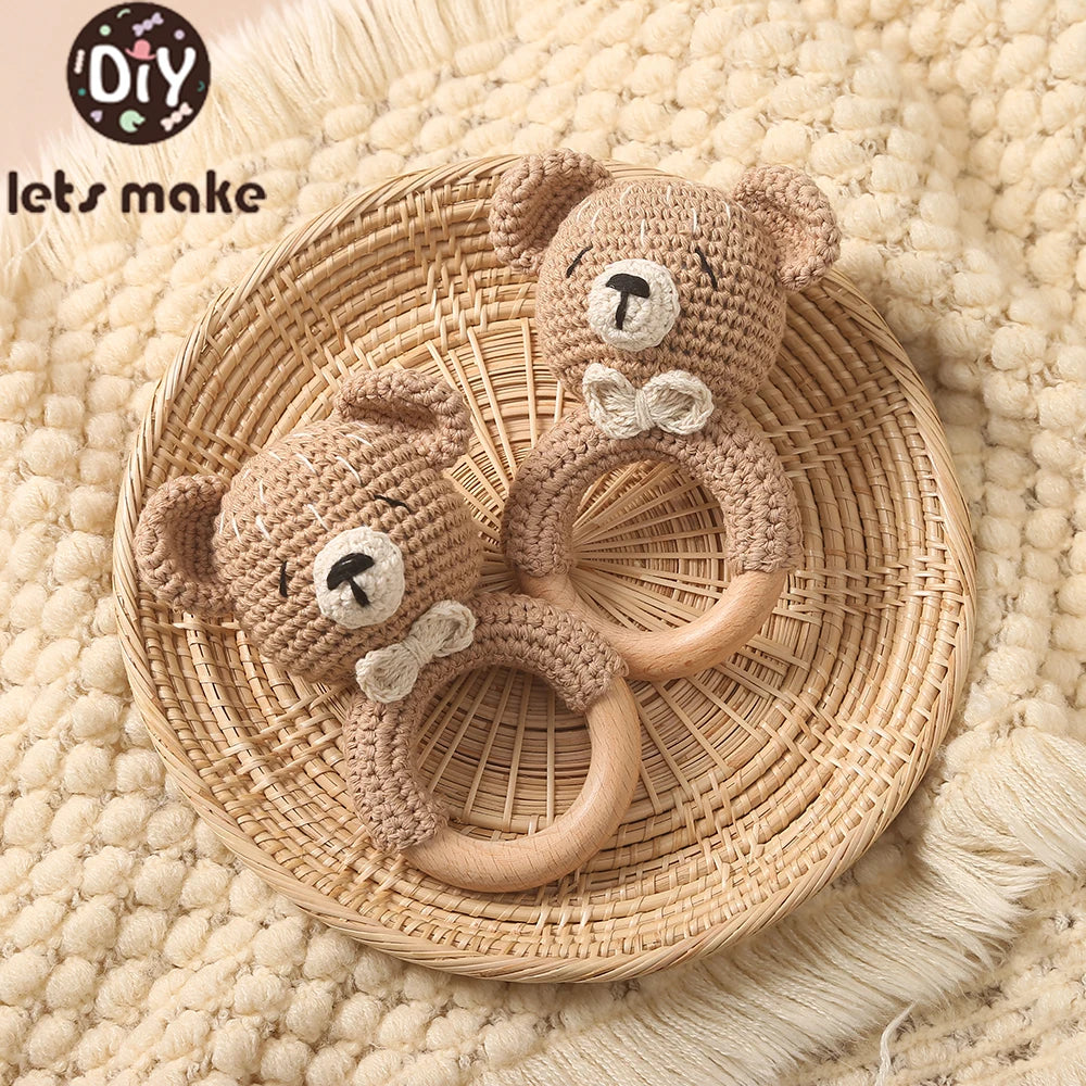Let's Make Baby Rattles Crochet Bunny Rattle Toy Wood Ring Baby Teether Rodent Baby Gym Mobile Newborn Educational Rattles Toys