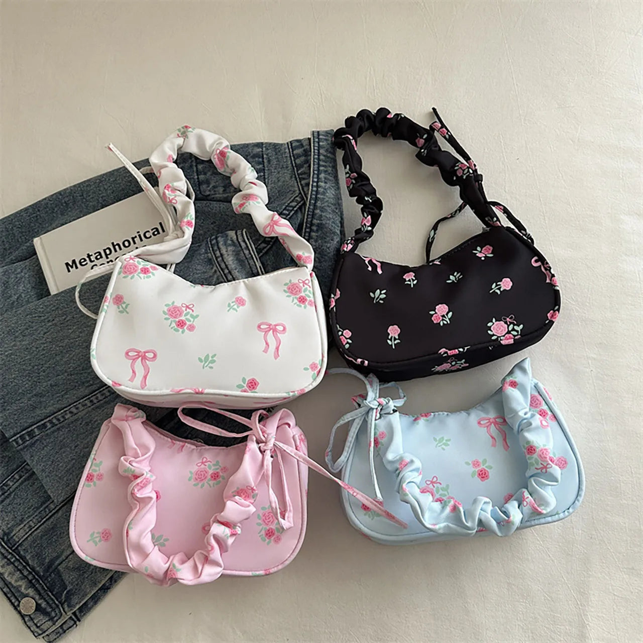 New Korean Girl Handbags Cute Flower Bow Print Crossbody Bags Canvas Shoulder Bags Outdoor Travel Women Keys Phone Messenger Bag