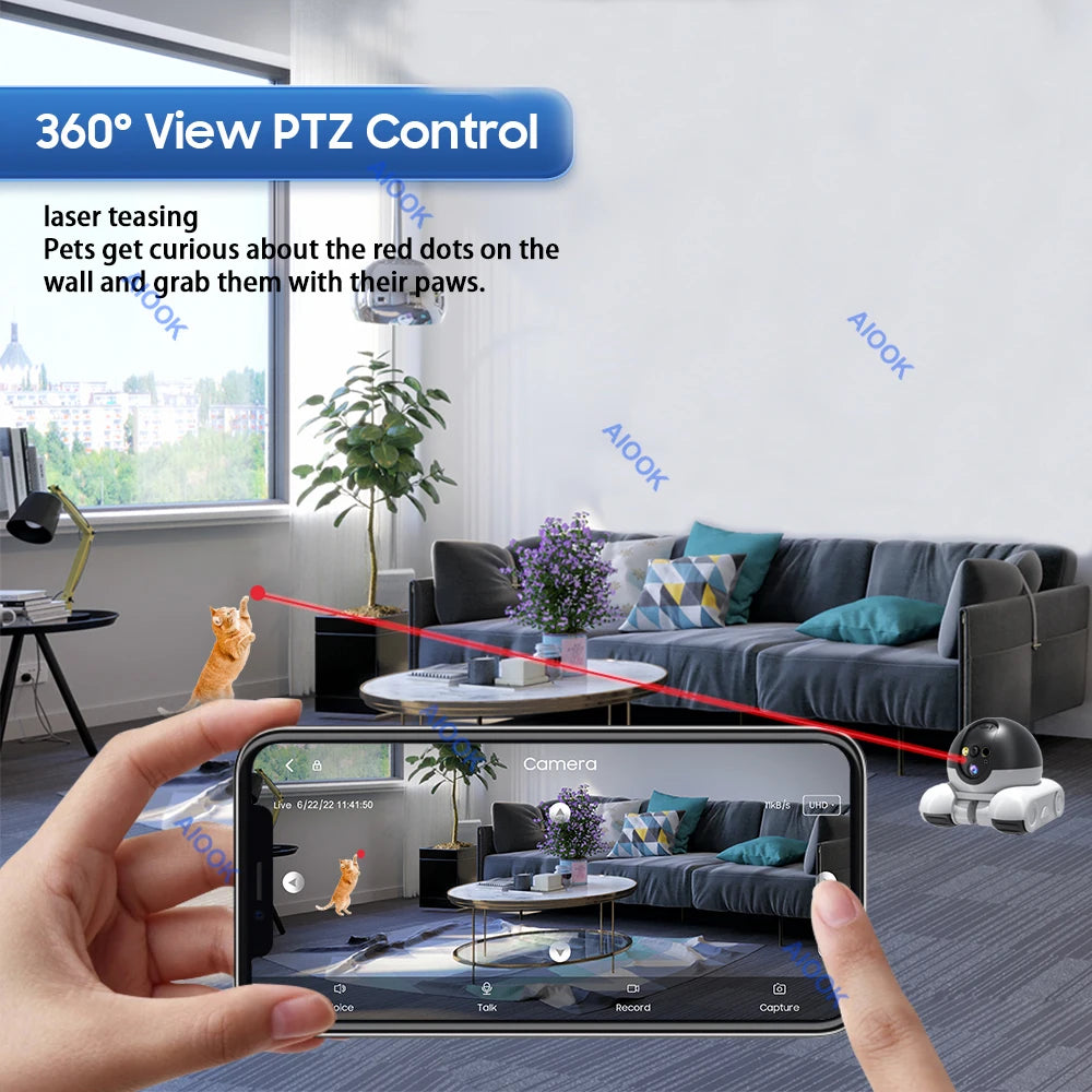 AIOOK Pet Mobile Camera HD 8MP 4K WIFI IP CCTV Baby Home Security Camera 2 Way Audio Intercom Night Vision PIR Control Mobile
