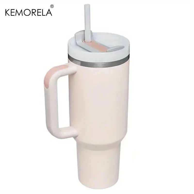 KEMORELA 1PC 900/1200ML Large Capacity Cold Cup Tumbler Stainless Steel Cup Straw Ice Cup Car Cup Handle Thermos Cup Drinkware