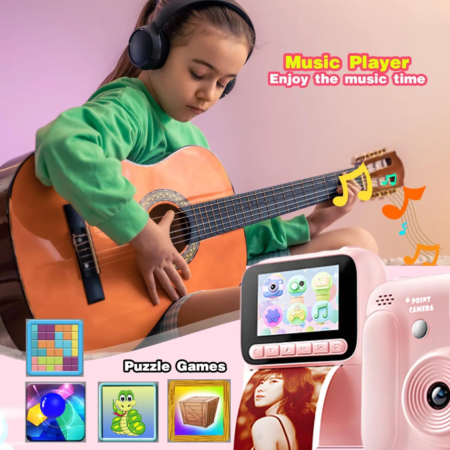 Color Printing Camera  Kids Instant Camera 32GB 1080P Thermal Print Digital Camera Print Photo Video Games Music Children Gift