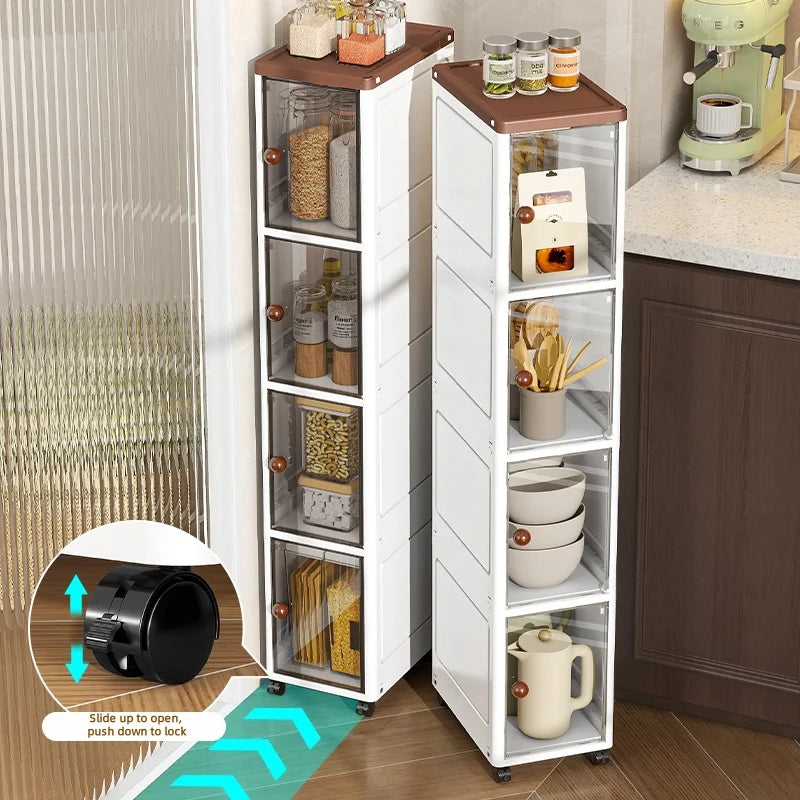 The transparent storage cabinet with wheels in the gap saves space in the kitchen and living room for storing snacks