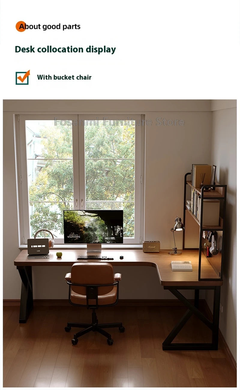 Industrial Style Solid Wood Office Desk Space-Saving L-Shaped Corner Computer Desk Home Writing Gaming PC Table with Steel Legs