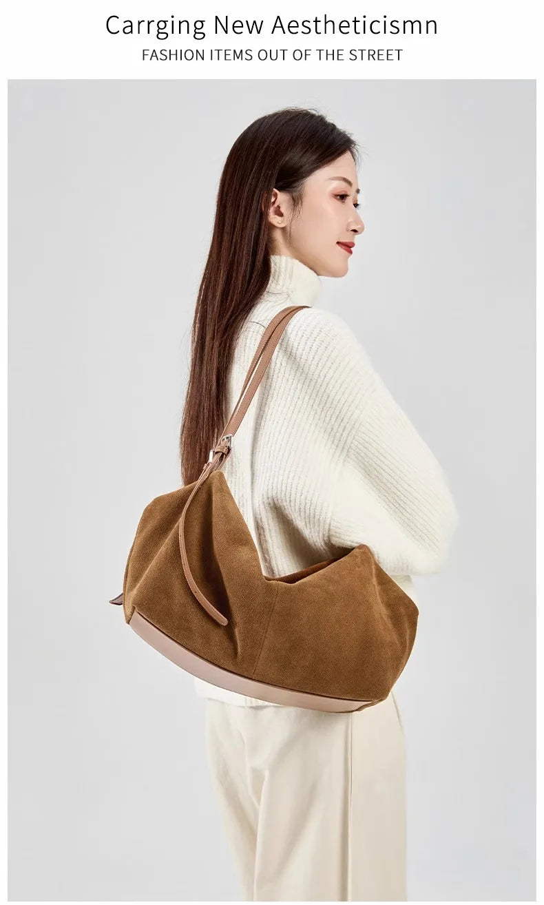 Women's Suede Cow Genuine Leather Shoulder Bags Ladies Soft Cowhide Crossbody Bag Female Design Luxury Lazy Commuting Handbag