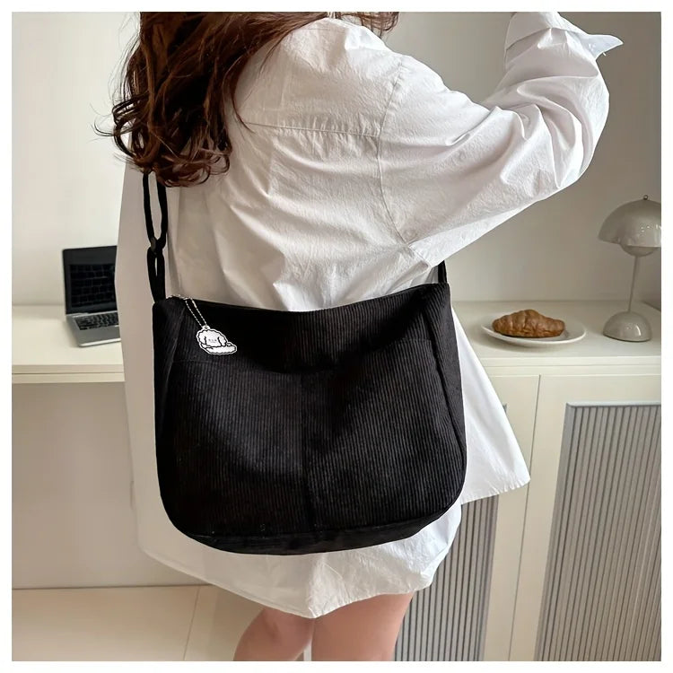 Women’s Corduroy Shoulder Bag Casual Striped Large Capacity Tote with Zipper Closure, Cute Hat Patch, Perfect for Everyday Use