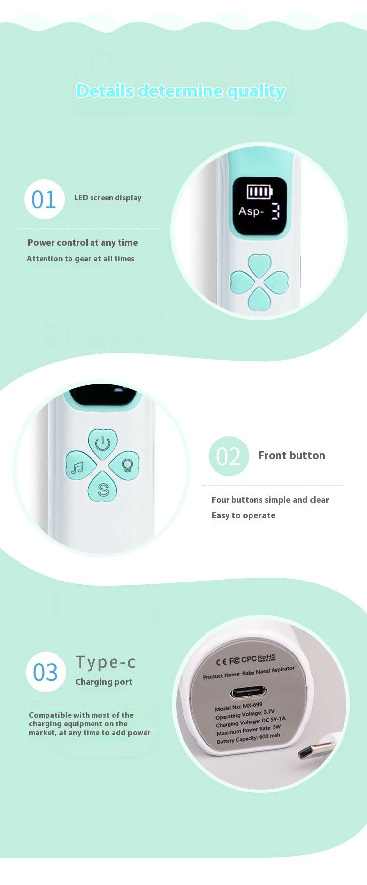 AiQUE Baby Nose Cleaner Silicone Adjustable Suction Electric Child Nasal Aspirator Safety Convenient Low Noise