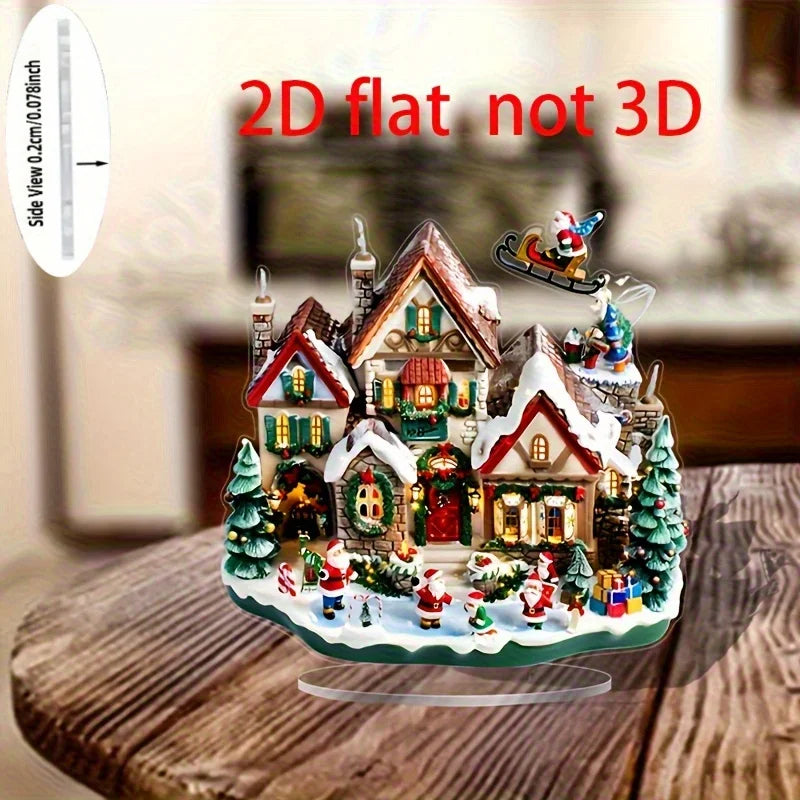 2D White Snow Scenery Christmas House Tree Acrylic Ornaments Base-Mounted Tabletop Home Office Attractive Festival Decor Gifts