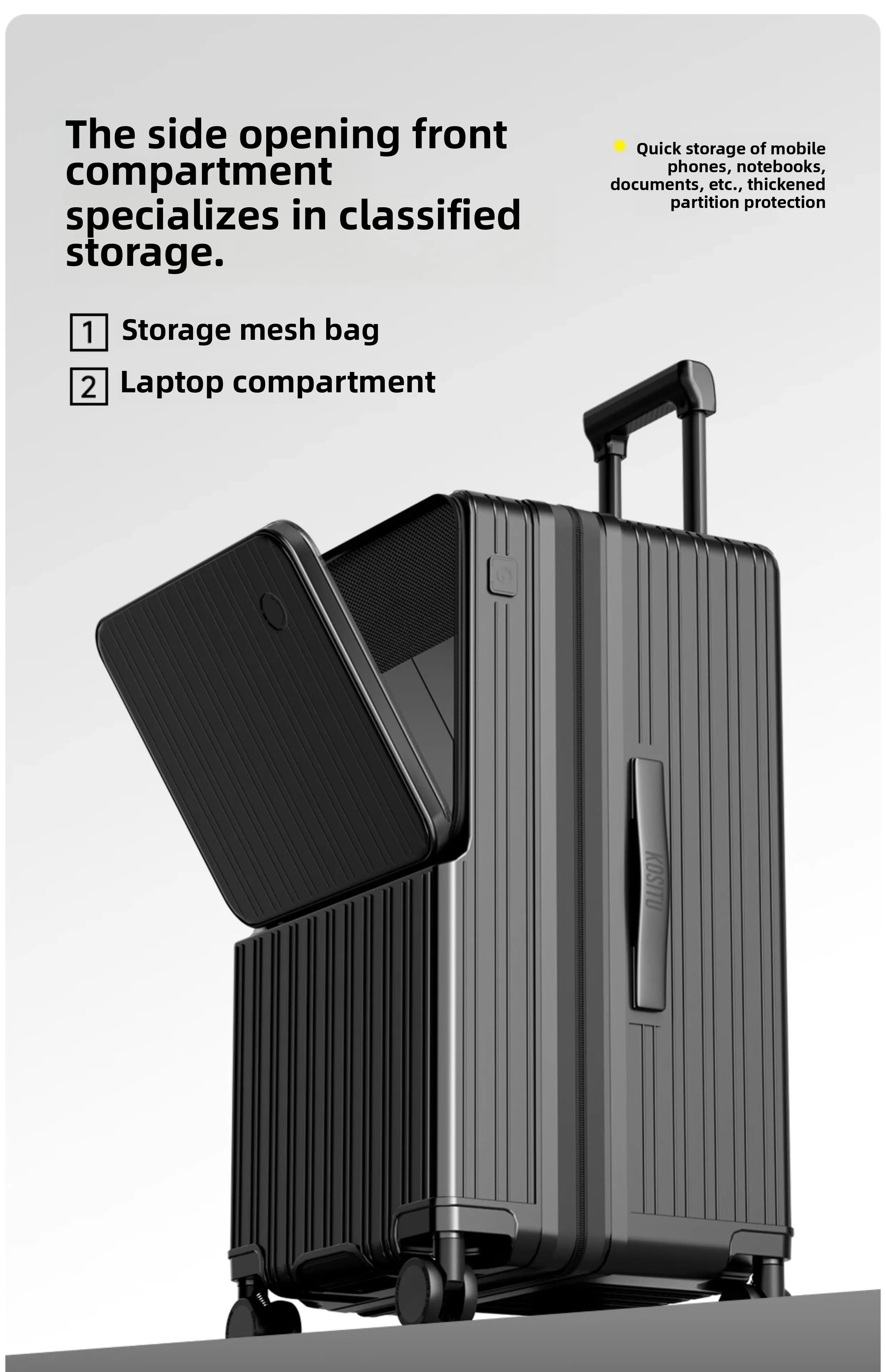 KLQDZMS Cabin Suitcase 20"22"24"26"28"30 Inch Large Capacity Trolley Case USB Charging Boarding Box Front Opening Luggage