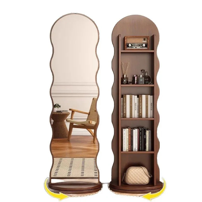 Wave rotating full-length mirror Vertical movable full-body floor mirror Magazine bookshelf Rotating storage fitting mirror