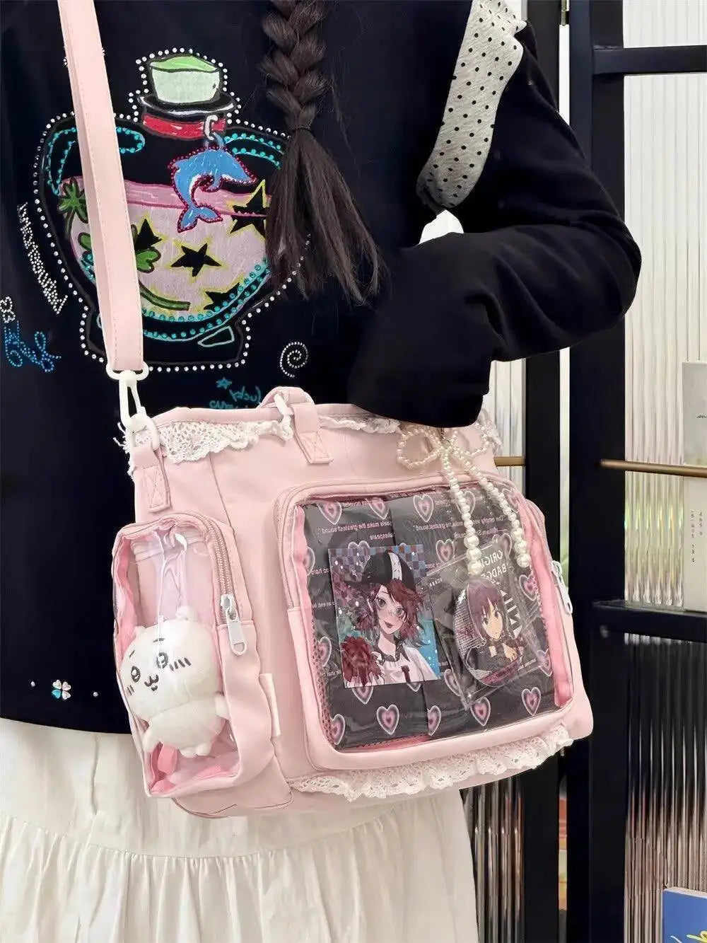 New Y2K Cute Japanese Ita Bag Lolita Girl Transparent Shoulder Tote Bag Large Capacity Crossbody Casual Bag DIY Display Handbags