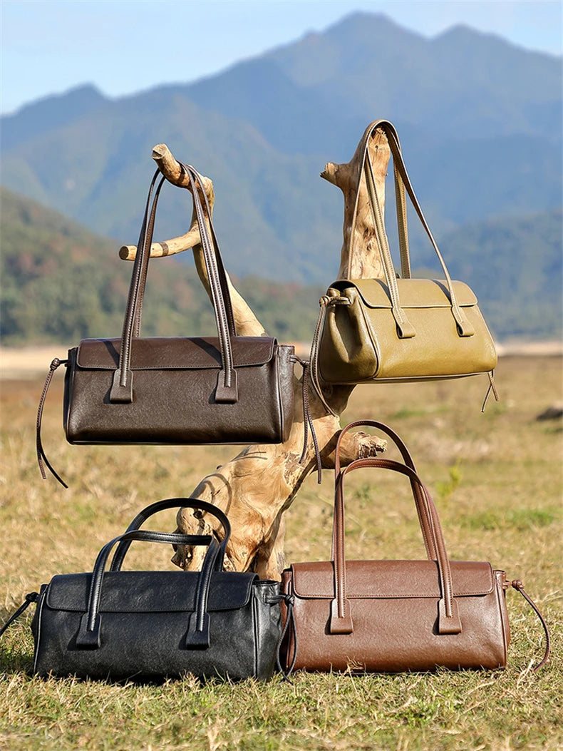 2025 New Genuine Leather Women's Shoulder Bag Large Capacity Cowhide Luxury Handbag Long Strip Black Baguette Bag Female