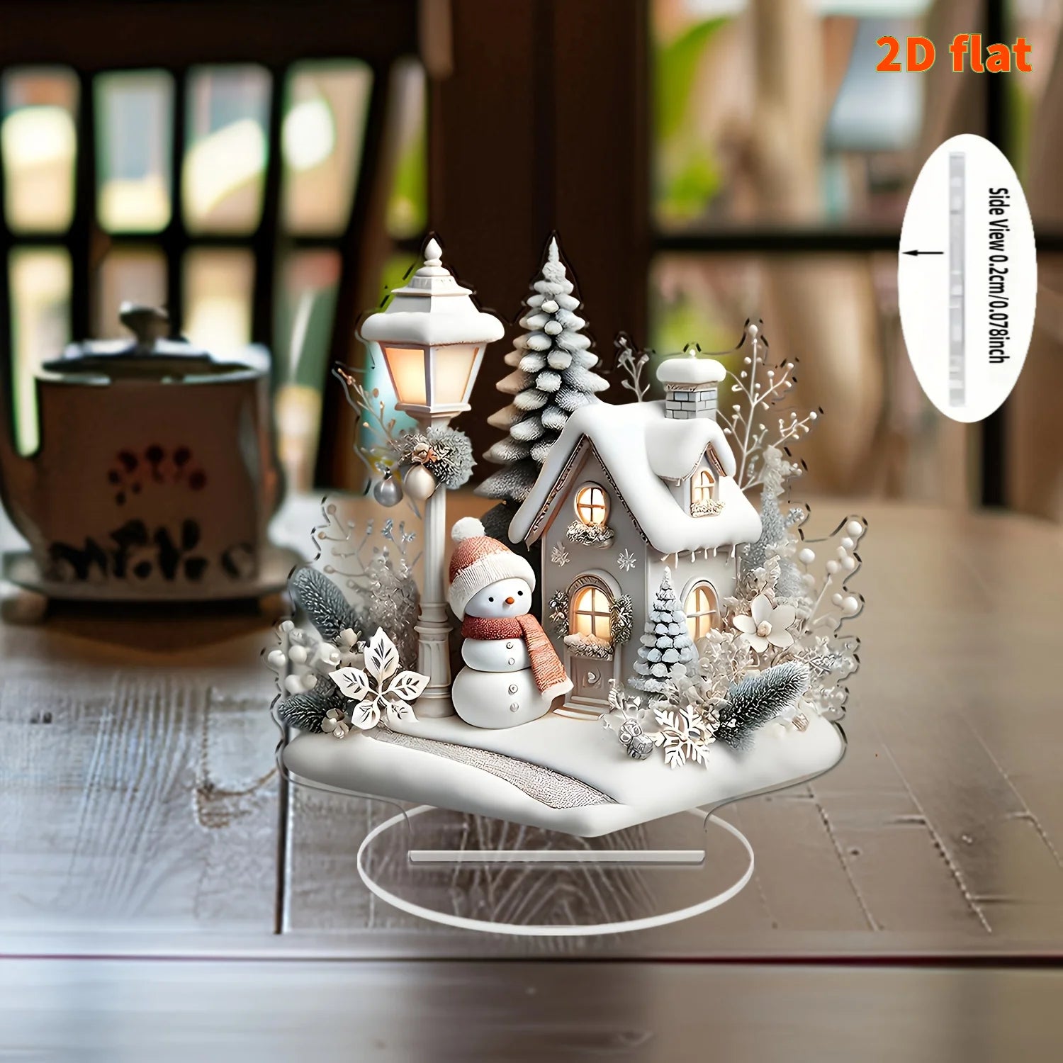 2D White Snow Scenery Christmas House Tree Acrylic Ornaments Base-Mounted Tabletop Home Office Attractive Festival Decor Gifts