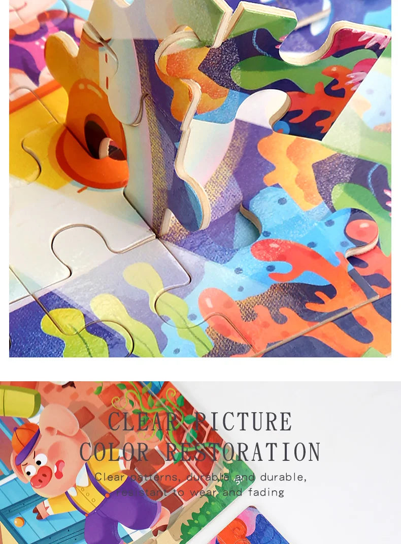 Clearance_60PCS Wooden Jigsaw Color 3D Puzzle Cartoon Characters Animal Early Educational Learning Logical Thinking Focus Puzzle