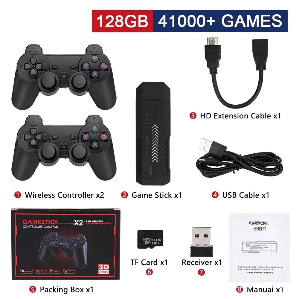 New X2 Plus Game Stick 4K HD Video Game Console 2.4G Double Wireless Controller Game Stick For N64/PSP/PS1/GBA