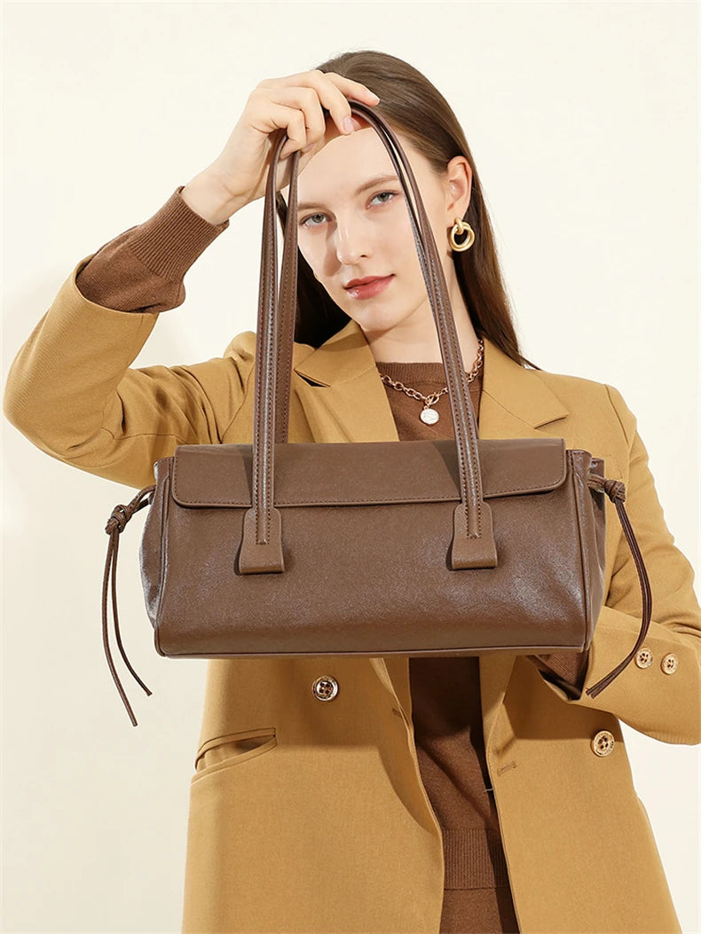 2025 New Genuine Leather Women's Shoulder Bag Large Capacity Cowhide Luxury Handbag Long Strip Black Baguette Bag Female